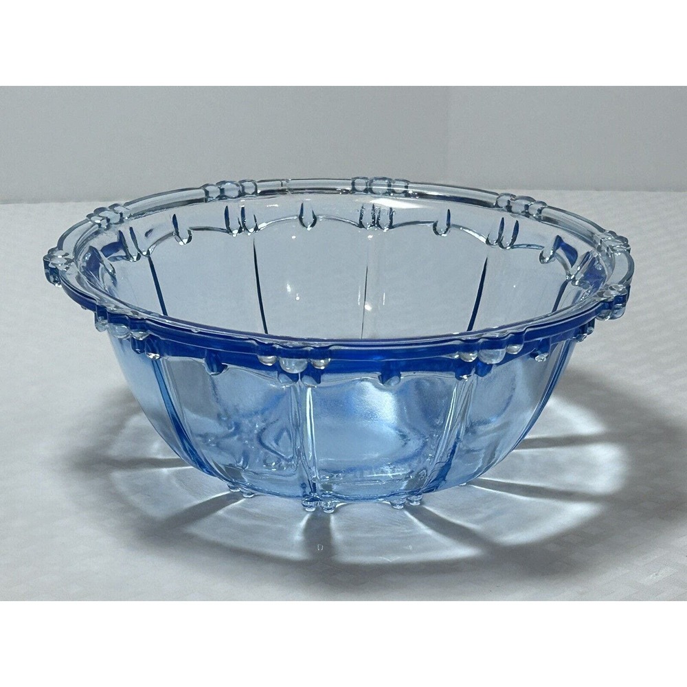 Vintage KIG Indonesia Blue Pressed‎ Glass Ribbed & Beaded 7" Bowl
